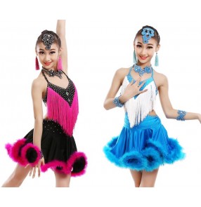 White blue fuchsia hot pink black patchwork rhinestones feather fringes backless performance competition school play girls latin salsa dance dresses outifits